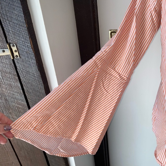 Linea by Louis Dell'Olio Size 2 White and Orange Bell Sleeve Striped Blouse - Picture 13 of 14